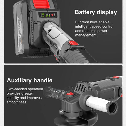 Close-up of 21V Brushless Cordless Angle Grinder With 3 Speed Settings And 180 Degree Swivel Head showing battery display and auxiliary handle.