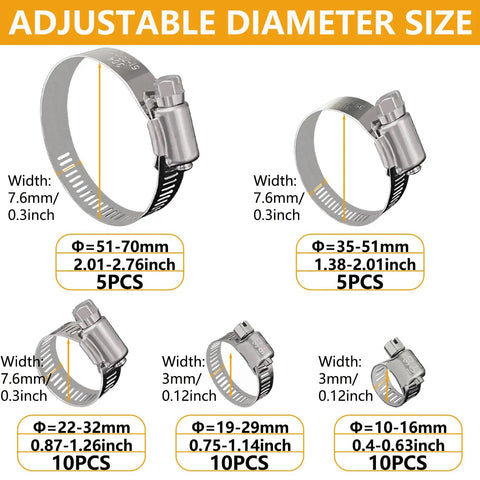 Forty Pack Beefy Built Adjustable Stainless Steel Hose Clamps 10 To 70mm Worm Gear Duct Pipe Clamp size details
