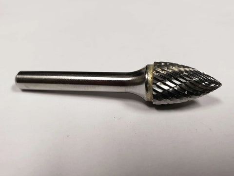 Half Inch SG 13 Carbide Burr Pointed Tree Double Cut for Metalworking and Deburring, solid carbide burr on white background