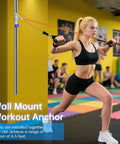 Rock Solid One Piece Resistance Bands Wall Anchor Adjustable Exercise Platform Base with 35 Position Locking Supports Cables and Handles Durable Gym Gear to Help You Crush Reps at Home in use with resistance bands.