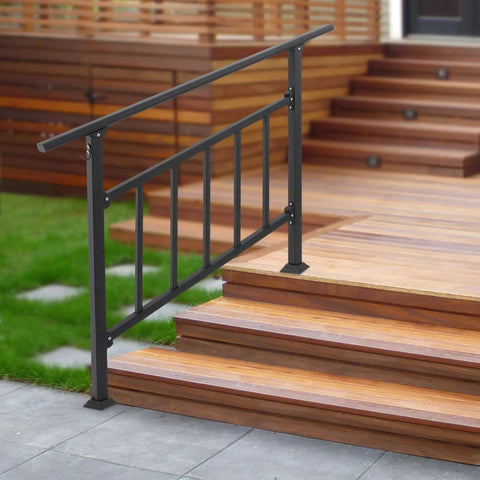 Kickass Four Step Stair Railing With Metal Fence For Indoor And Outdoor Steps Heavy Duty Steel Handrail on wooden steps.