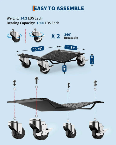 Heavy Duty Tire Wheel Dollies 4 Pack Garage Car Movers with 360 swivel casters and easy assembly layout.
