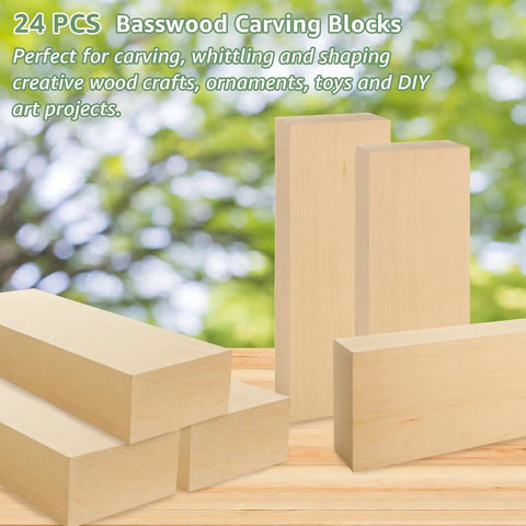 Unfinished Basswood Carving Blocks Set, Two 12x4x2 Inch Blank Wood Blocks for Whittling and Woodcarving displayed on wooden table.