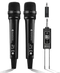 Wireless Dual Microphone System With UHF Range Up To 260 Feet All Metal Portable Karaoke Mic For Singing Speeches Meetings And Events Rock Solid Interference Free Sound Easy Frequency Selection FCC Certified including two wireless handheld mics and receiver.