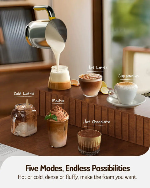 Detachable Milk Frother With Four Temperature Settings Delivers Barista Style Foam For Hot Or Cold Drinks Five In One Frothing And Heating Options Dishwasher Safe 400ml Perfect For Latte Cappuccino Hot Chocolate used for various drinks