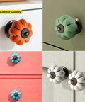Hand Painted Red Ceramic Pumpkin Cabinet Knobs Set Of Four With Steel Screws For Kitchen Drawers And Vanities showing various colors and designs.