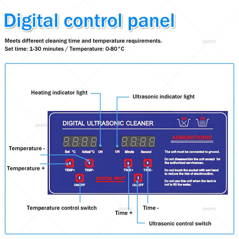 Digital control panel of Industrial Ultrasonic Cleaner With Built In Heater, 40Khz for setting time and temperature.
