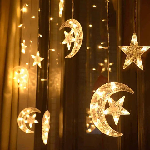 Solar String Lights Outdoor for Ramadan Eid Decor, 138 LED Star Moon Curtain Lights, 8 Modes, waterproof design glowing