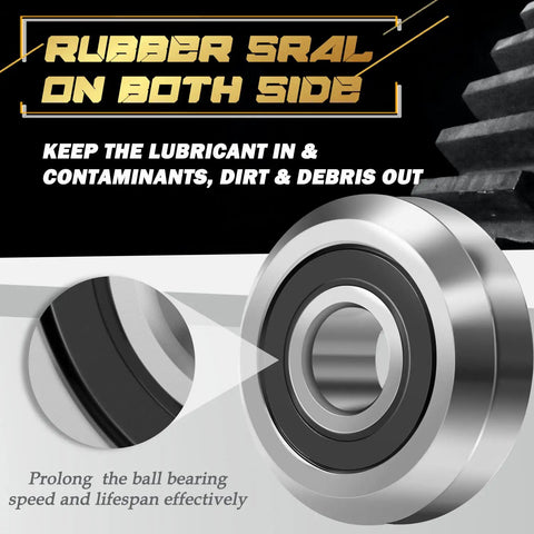 Close-up of 16 Pack RM2 2RS 3/8 Inch V Groove Roller Bearings highlighting rubber seals and lubrication protection.