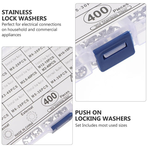 Stainless Steel Serrated Lock Washer Kit With Internal And External Tooth Washers 400pc Auto Electrical Fastening Set