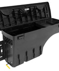 Top Shelf Swing Storage Toolbox For Dodge Ram 1500 2500 3500 Left Side Bolt On Manual Fold Black Abs Plastic Hella Tough Rig Ready Truck Bed Organizer 2002 To 2018 with open lid and compartments.