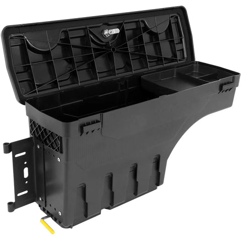 Top Shelf Swing Storage Toolbox For Dodge Ram 1500 2500 3500 Left Side Bolt On Manual Fold Black Abs Plastic Hella Tough Rig Ready Truck Bed Organizer 2002 To 2018 with open lid and compartments.
