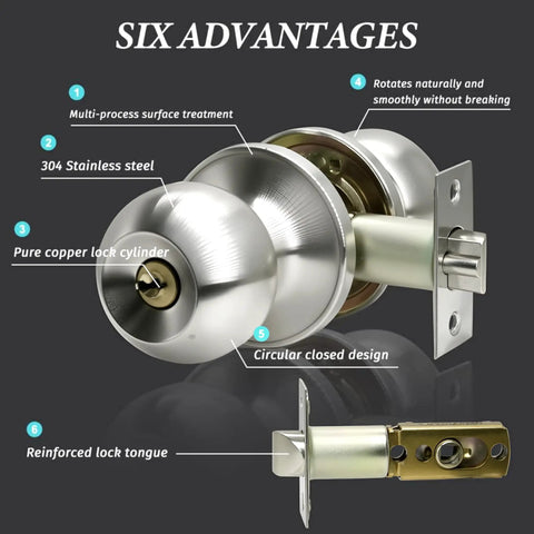 Side view of 10 Pack Satin Nickel Ball Door Knobs With Lock And Keys Keyed Entry ANSI Grade 3 Security Anti Bump 5 Pin Brass Cylinder