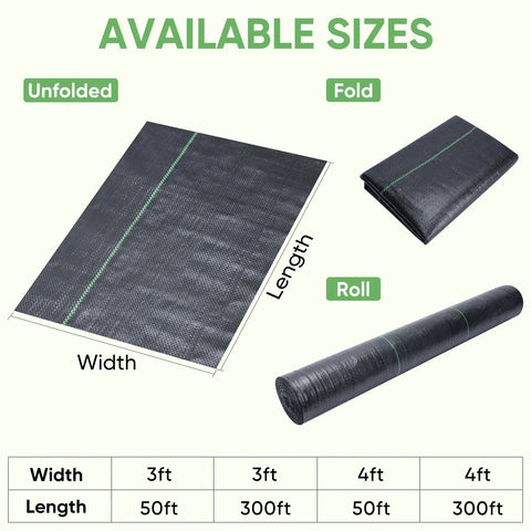 Heavy Duty Weed Barrier Fabric, 3 Feet By 50 Feet, 3.2 Ounces Landscape Workhorse shown unfolded, folded, and rolled for garden use.