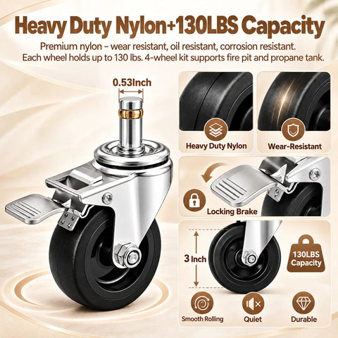 Smooth Rolling Replacement Caster Wheels For Outdoor Fire Pits And Patio Heaters With Three Inch Heavy Duty Swivel Casters featuring a 130lbs capacity.