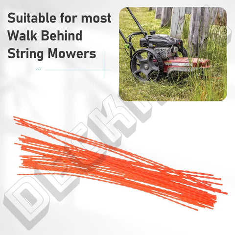 Must Have 30 Pack Universal Walk Behind String Trimmer Line Kit 21.25 Inch Replacement 0.155 Inch Line For Most Walk Behind Mowers Compatible With Senix Earthquake BILT Toro 58620 Easy Assembly, shown with trimmer lines and a mower in action.