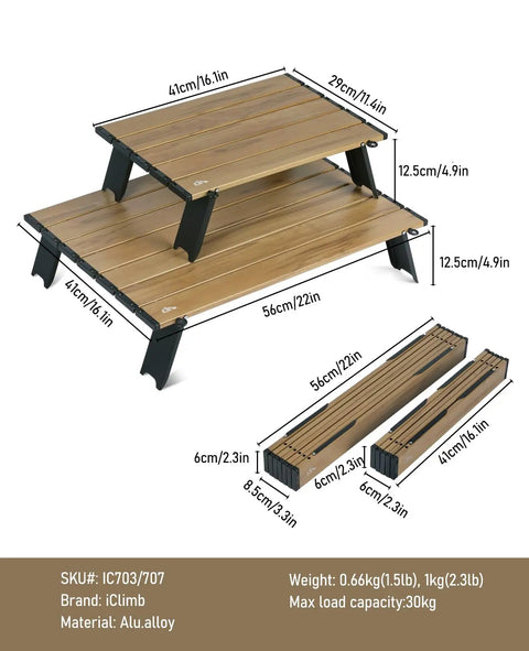 Ultralight Compact Mini Beach Picnic Folding Aluminum Table With Carry Bag Nature Finish Flat Surface Durable Hinges Two Size Options S And M For Sand And Picnics, shown with folded and assembled views, dimensions labeled.