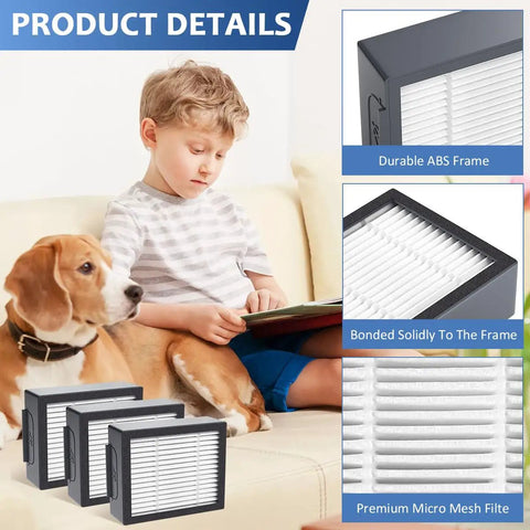 Replacement High Efficiency Filter 4639161 for Roomba E I J Series, 3-pack with durable ABS frame, near child on sofa with dog.