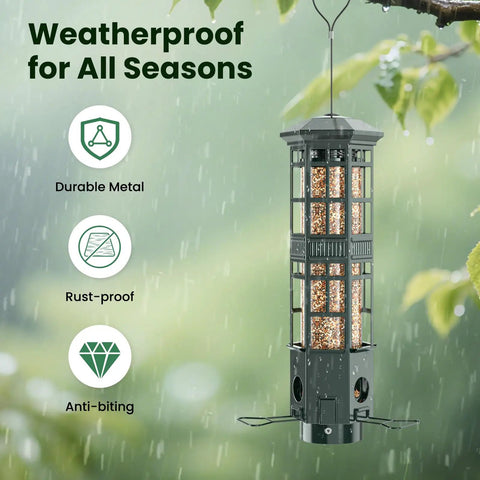 Backyard Ready Squirrel Proof Bird Feeder with 3 Port Design and Gravity Spring, metal build, hanging in garden under rain