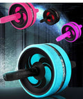 Double Ab Roller Wheel With Cushioned Foam Handles Core Shredder For Rapid Six Pack Abs Home Gym Setup in pink and blue colors.