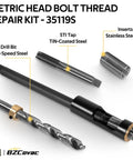 Shop Grade Cylinder Head Bolt Thread Repair Kit 11.5 Millimeter By 1.5 Pitch Inserts with drill bit, tap, and stainless steel inserts.