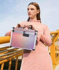 Woman holding a Colorful Aurora Combination Lock Box With Code For Personal Items Safe For Meds And Docs Portable Medicine Lockbox.