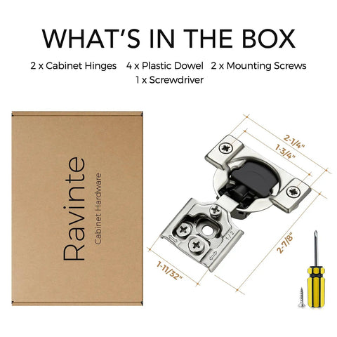 Two Pack One Half Inch Overlay Soft Close Kitchen Cabinet Hinges In Stainless Steel With Adjustable Mechanism And Satin Nickel Finish For Easy Install Includes Dowels And Screws For Quick Kitchen Cabinet Upgrades, showing hinge, box, screws, dowels, and screwdriver.