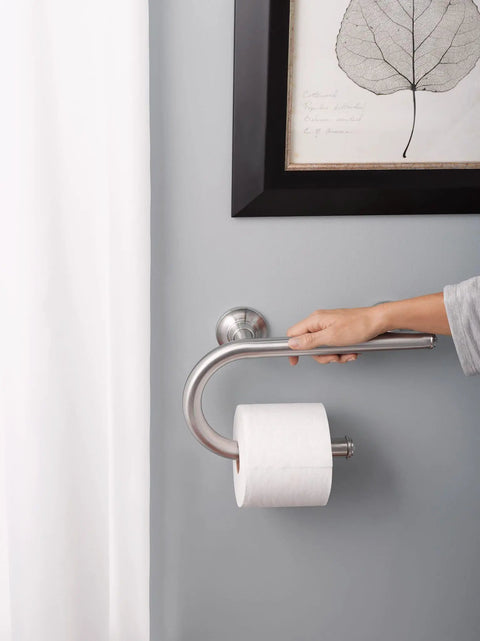 Wall Mounted Bathroom Grab Bar With Integrated Toilet Paper Holder providing rock solid grip, sleek brushed nickel finish, and easy installation.