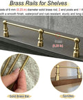 Rock Solid Brass Floating Shelf Rails Kit With Two End Posts And One Through Post shown on shelf with specifications