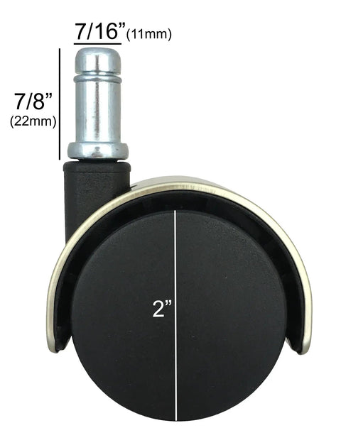Kick Up Your Furniture Game With Slick Antique Brushed Brass Hooded Chair Casters Set Of 5, Heavy Duty nylon double wheel close-up showing size 2 inches and stem dimensions.