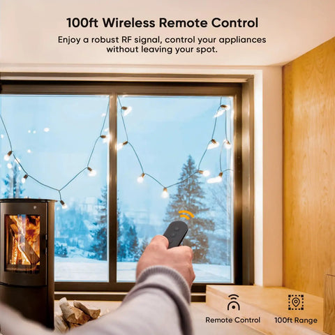 Image of a person using a remote control for 400 Watt outdoor dimmer plug with string lights, showcasing 100 ft wireless range.