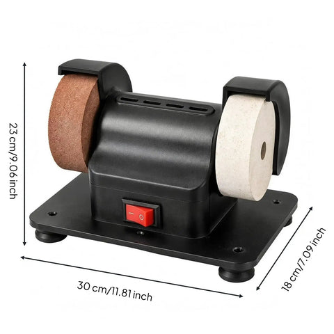 Compact Dual Disc Mini Bench Grinder With Pure Copper Motor Scrapes Rust And Hones Edges Flawlessly Sweet For Shop Rats And Home Diy Crews Demanding Heavy Duty Grind Performance, showing dimensions and features.