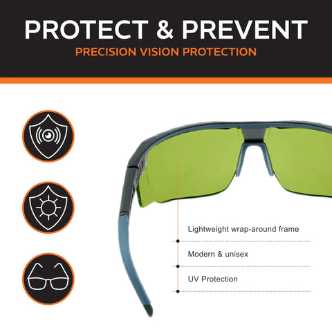 Battle Tested NoIR Laser Safety Glasses Featuring A Hella Comfortable Wraparound Fit For Maximum Ultraviolet And Infrared Eye Protection Laser Grade Durability with green lenses and a modern wrap-around frame.