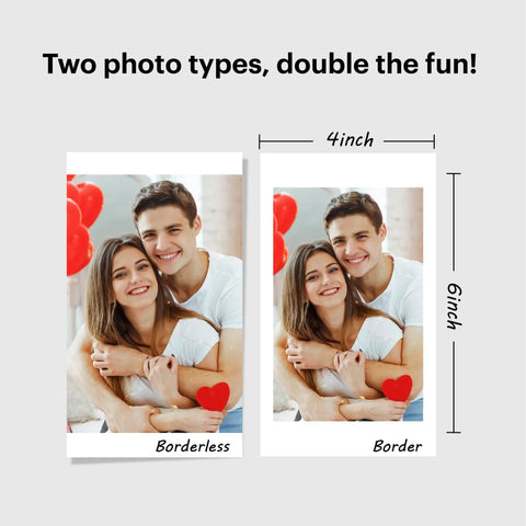 Two 4x6 printed photos with border and borderless styles, demonstrating Dock Plus 4x6 Photo Printer For iPhone And Android capabilities.