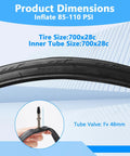 2 Pack 700x28c Road Bike Tire Replacement Kit With Inner Tubes shown with tire specs and valve type