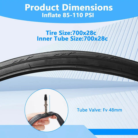 2 Pack 700x28c Road Bike Tire Replacement Kit With Inner Tubes shown with tire specs and valve type