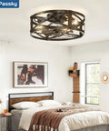 20 Inch Farmhouse Flush Mount Ceiling Fan With Lights And Remote installed in bedroom, Industrial Black Cage Fandelier