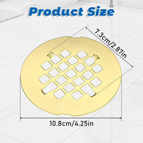 Rock Solid Gold Snap In Shower Drain Cover, 10.8cm round stainless steel strainer, size dimensions shown.