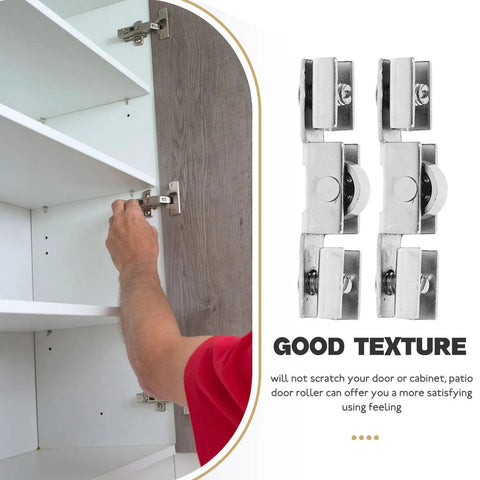 Top Notch Eight Piece Glass Door Roller Kit Featuring Heavy Duty Steel H Type Roller Wheels With Silent Double Bearing Mechanism for installing rollers.