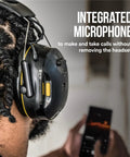 WorkTunes Connect Wireless Hearing Protector With Bluetooth Technology 26 DB Noise Reduction Rating Dope Sound Quality And Safe Volume Control for on-the-job listening with integrated microphone shown.