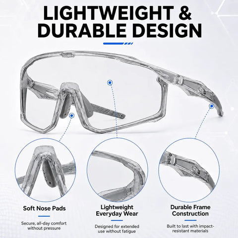 Kick Everyday Glare To The Curb With These Ultra Light Photochromic Polarized Safety Glasses Featuring Rapid Lens Tinting Rock Solid UV Protection And Zero Eye Strain For Riding And Travel. Lightweight polycarbonate safety glasses with soft nose pads.