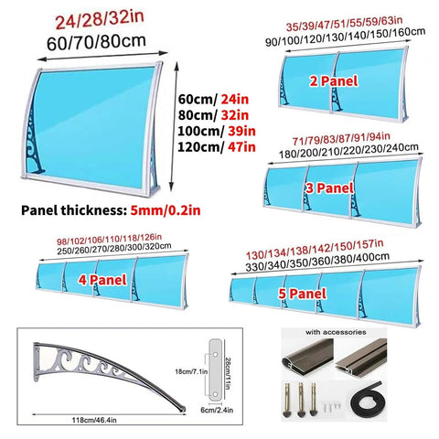 Patio Deck Awning Kit With Adjustable Reach 24 32 39 47 Inches, Complete Bracket Set, Blue Panel Outdoor Shade For Patio Or Window, Weatherproof UV Shield, 60x130 CM, Easy Install, Built Tough Silver Brackets