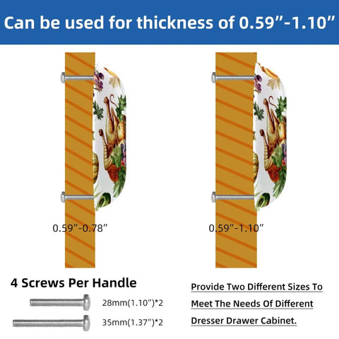Kick Your Cabinetry Up A Notch With These Slick Autumn Cup Cabinet Handles, Thanksgiving Print, Durable PBT Body, Stainless Steel Screw Set For Quick Drawer Makeovers showing size options and installation.