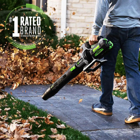 Person using Cordless Leaf Blower With Turbo Mode, 880 CFM At 200 MPH, Beast Power, in yard near leaves.