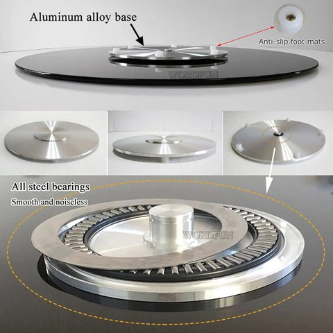 35 Inch Heavy Duty Lazy Susan Turntable Boasting Smooth Rolling Action with aluminum base and tempered glass top for easy serving.