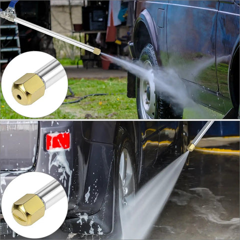 High Pressure Washer Wand With Adjustable Spray Tips For Car Wash, Garden Cleaning, showing water spray on a vehicle