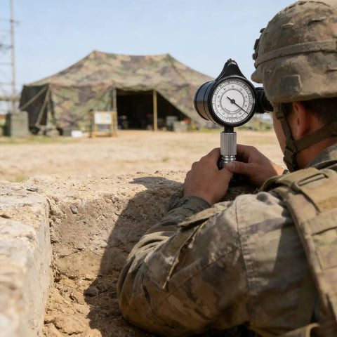 Soldier using Pro Grade Map Distance Meter delivering dead on accuracy for field surveys near army tent.