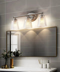 Three Light Bathroom Vanity Light Fixtures Over Mirror In Brushed Nickel Finish With Rustproof Design Modern Crystal Glass Shades Wall Sconces Elegant Oval Backplate For Bright Sleek Dope Bathroom Makeover
