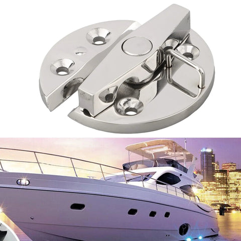 Close-up of marine-grade 316 stainless steel boat hatchway turn button latch with positive stop.