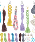 8 Set DIY Macrame Wristlet Keychain Kit For Adults Colorful macrame cords, keychains, tassels, beads, and scissors shown